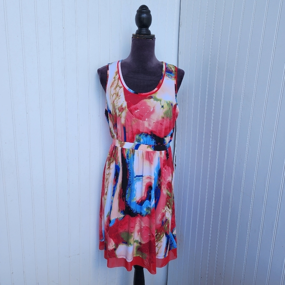 Simply Vera Summer Dress Blue Red Sleveless A-Line Watercolor Stretch Sz M